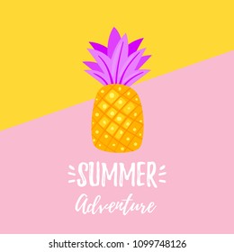 Vector cartoon style summer design for season postcard or poster background with surreal pineapple. Yellow and pink background.
