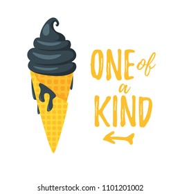 Vector cartoon style summer design for season postcard or poster background with black ice cream. White background.
Concept with "One of a kind" text.