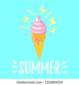 Vector cartoon style summer design for season postcard or poster background with pink waffle cone ice cream. Blue background.
