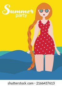 Vector cartoon style summer design for season postcard or poster.Summer party girl,polka dot swimming suit background.