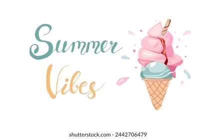 Vector cartoon style summer design for season postcard or poster background with ice-cream. White background , cartoon style pastel color for your design.