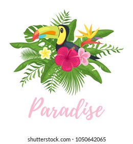 Vector cartoon style summer paradise design for season postcard or poster with floral composition with tropical leaves, flowers and toucan. Colorful vibrant template for print. White background.