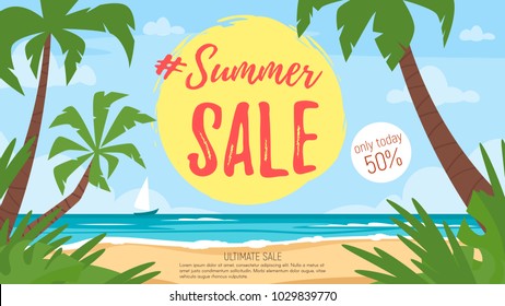 Vector cartoon style summer sale banner. Background of sea shore with palm trees. Good sunny day.