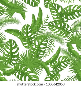 Vector cartoon style summer seamless pattern with tropical leaves and flowers. 