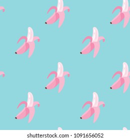 Vector cartoon style summer seamless pattern with pink banana on blue background.