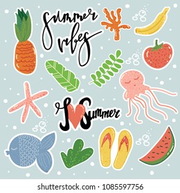 Vector cartoon style summer stickers - drawings and lettering. Concept of summer vacation and holiday