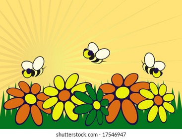 Vector cartoon style of a sunny garden with flowers and bees