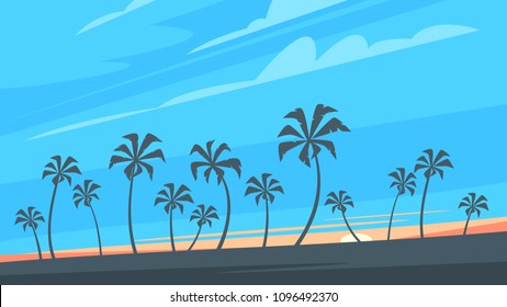 Vector cartoon style sunset background with palm trees silhouettes. Clear blue sky.
