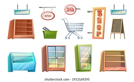 vector cartoon style supermarket shop elements. Shopping cart, product shelves, basket, signs of food and drinks. Isolated on white background.