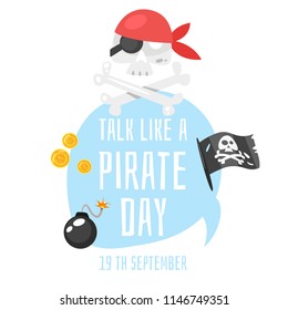 Vector cartoon style Talk like a pirate greeting card template. White background.