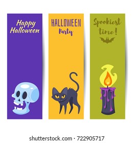 Vector cartoon style template for Halloween banner with holiday symbols. 