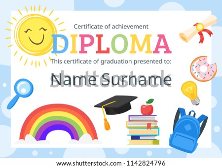 Vector cartoon style template layout for kids diploma certificate for kindergarten, school or preschool with educational icons.