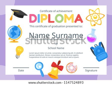 Vector cartoon style template layout for kids diploma certificate for kindergarten, school or preschool. Educational icons.