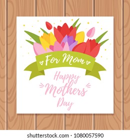 Vector cartoon style template for Mothers Day greeting card template with holiday symbols flowers. Wooden background.