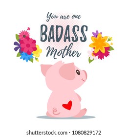 Vector cartoon style template for Mother's Day greeting card template with cute pink pig sitting backwards with heart on its back.