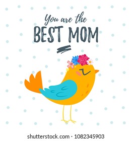 Vector cartoon style template for Mother's Day greeting card template with cute bird with wreath of flowers. 