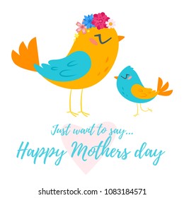 Vector cartoon style template for Mother's Day greeting card template with two birds.