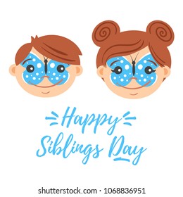 Vector cartoon style template for National Siblings Day greeting card with kid boy and girl painted faces.