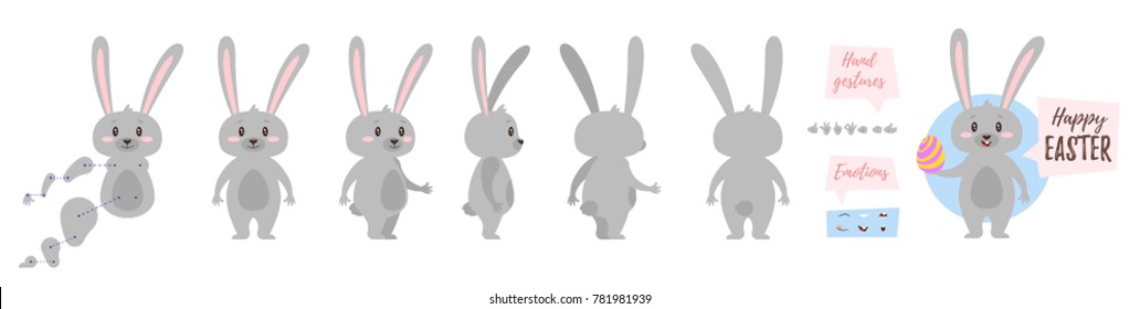 Vector Cartoon Style Traditional Easter Bunny Character For Animation. Different Emotions And Hand Gestures. Isolated On White Background.            