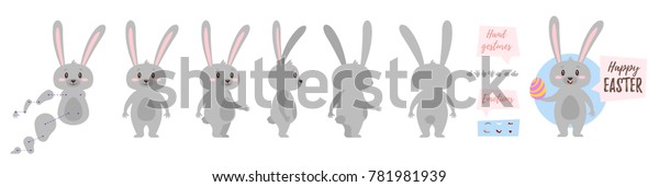 Vector cartoon style traditional Easter bunny\
character for animation. Different emotions and hand gestures.\
Isolated on white background.           \
