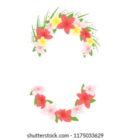 Vector Cartoon Style Tropical Hawaii Face Element Or Carnival Mask. Decoration Item For Your Selfie Photo And Video Chat Filter. Floral Headdress And Lei Flower Garland. Isolated On White Background. 