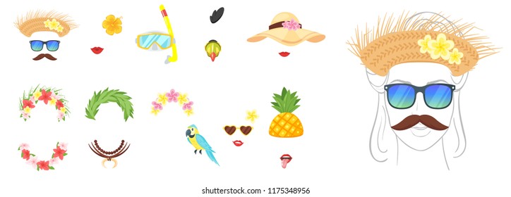 Dibujo vectorial estilo hawaiano tropical cara elemento o máscara de carnaval grande conjunto. Elemento de decoración para tu filtro de selfie de fotos y video chat. Dirección y labios. Aislado sobre fondo blanco. 