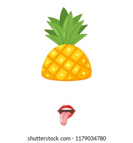 Vector cartoon style tropical Hawaii face element or carnival mask. Decoration item for your selfie photo and video chat filter. Pineapple headdress and lips with tongue, white background. 