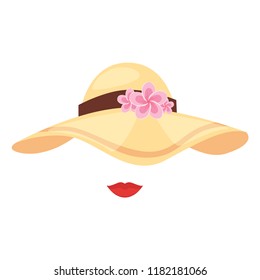 Vector cartoon style tropical Hawaii face element or carnival mask. Decoration item for your selfie photo and video chat filter. Brim floppy sun beach dress hat with flowers and lips, white background