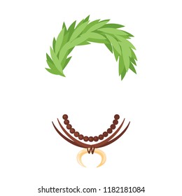 Vector cartoon style tropical Hawaii face element or carnival mask. Decoration item for your selfie photo and video chat filter. Traditional mans floral headdress and necklace, white background. 