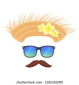 Vector cartoon style tropical Hawaii face element or carnival mask. Decoration item for your selfie photo and video chat filter. Straw hat, sunglasses and mustaches. Isolated on white background. 