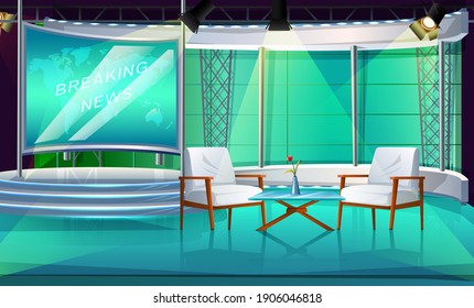 Vector Cartoon Style TV Show Studio With Two Chairs And Table, Interior Stage, With Two Chair And News Screen.