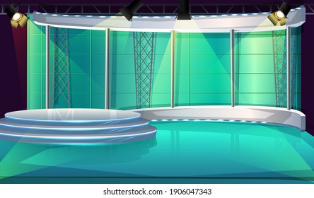 Vector cartoon style TV show studio interior with stage and spot lights.