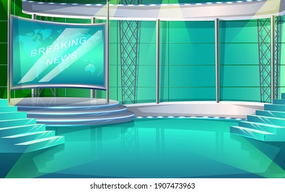 Vector Cartoon Style TV Show Studio Interior Stage, With Two Chair And News Screen.