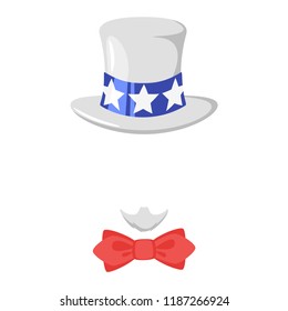 Vector cartoon style uncle Sam face element or carnival mask - hat, beard and bow tie. Decoration item for your selfie photo and video chat filter. American symbols. Isolated on white background. 