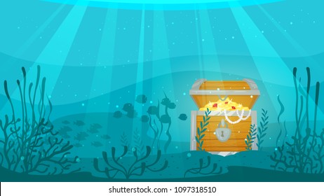 Vector cartoon style underwater background with sea flora and fauna. Coral reef, sea plants and fishes silhouettes. Open treasure chest full of gold at the bottom of the sea.