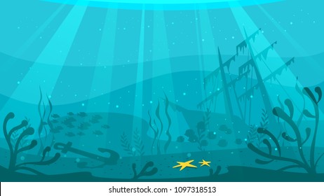 Vector cartoon style underwater background with sea flora and fauna. Coral reef, sea plants and fishes silhouettes. Ship wreckage at the bottom of the ocean.