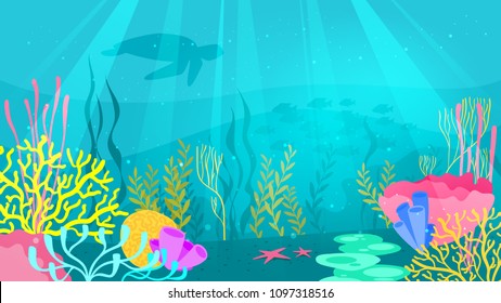 Vector cartoon style underwater background with sea flora and fauna. Coral reef, sea plants and fishes silhouettes.