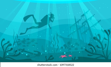 Vector cartoon style underwater background with sea flora and fauna. Coral reef, sea plants and fishes silhouettes. Scuba Diver explores ship wreckage at the bottom of the ocean.