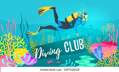 Vector cartoon style underwater background with sea flora and fauna. Coral reef, sea plants and fishes silhouettes. Scuba Diver explores the bottom of the sea. Diving club banner.