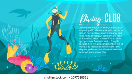 Vector cartoon style underwater background with sea flora and fauna. Coral reef, sea plants and fishes silhouettes. Scuba Diver explores the bottom of the sea.