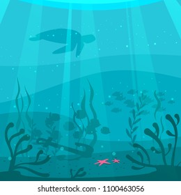 Vector cartoon style underwater background with sea flora and fauna. Coral reef, sea plants and fishes silhouettes. Square composition.