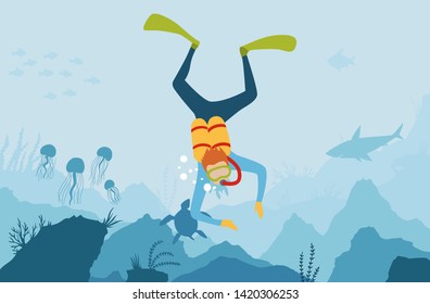 Vector cartoon style underwater background with sea flora and fauna. Coral reef, sea plants and fishes silhouettes. Scuba Diver explores the bottom of the sea. Diving club banner.