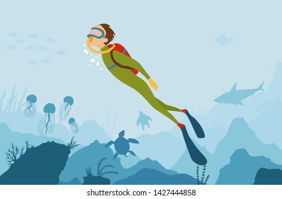 Vector cartoon style underwater background with sea flora and fauna. Coral reef, sea plants and fishes silhouettes. Scuba Diver explores the bottom of the sea. Diving club banner.