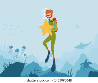 Vector cartoon style underwater background with sea flora and fauna. Coral reef, sea plants and fishes silhouettes. Scuba Diver explores the bottom of the sea. Diving club banner.