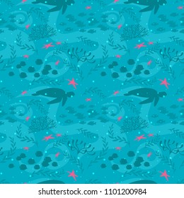 Vector cartoon style underwater seamless pattern with sea flora and fauna. Coral reef, sea plants and fishes silhouettes. Blue background.
