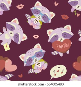 vector cartoon style valentine's day raccoon seamless pattern