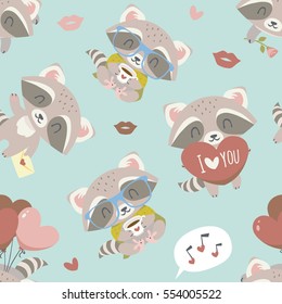 vector cartoon style valentine's day raccoon seamless pattern