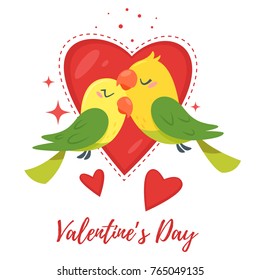 Vector cartoon style Valentine's day greeting card with lovely two colorful parrots on background with hearts.