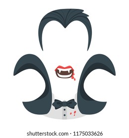 Vector cartoon style vampire with fangs face element or carnival mask. Halloween decoration item for your selfie photo and video chat filter. Isolated on white background. 