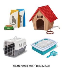 Vector cartoon style veterinary cat and dog food, carrier, house and litter box.